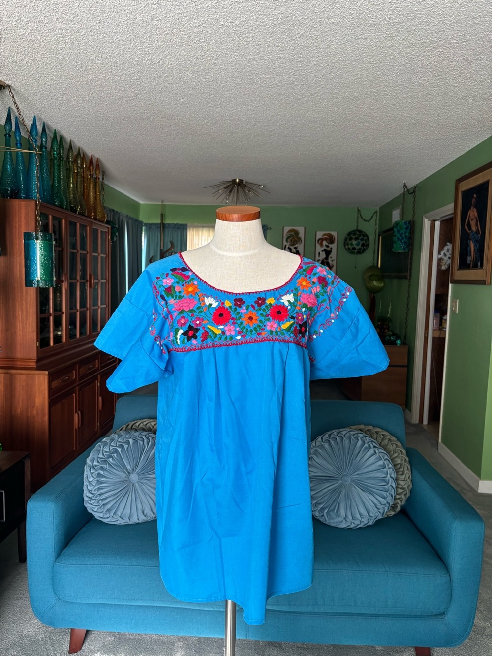Bright Blue Mexican Embroidered Peasant Blouse